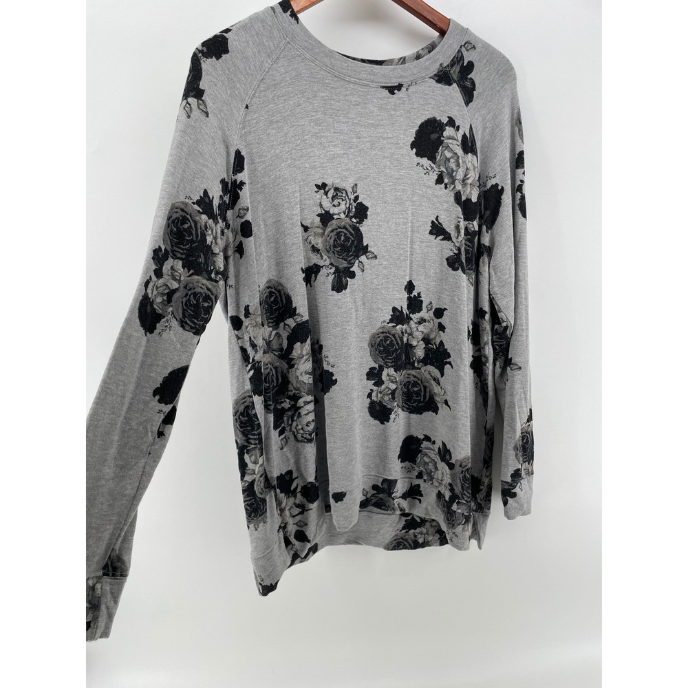 Tahari Floral Tunic Top Womens Large Grey Black Boho Artsy Loungewear Relaxed